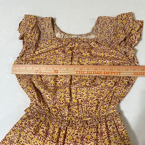 UNIVERSAL THREAD Women Midi Dress Smocking Cap Ruffle Sleeves Mustard Floral XS - Picture 12 of 14